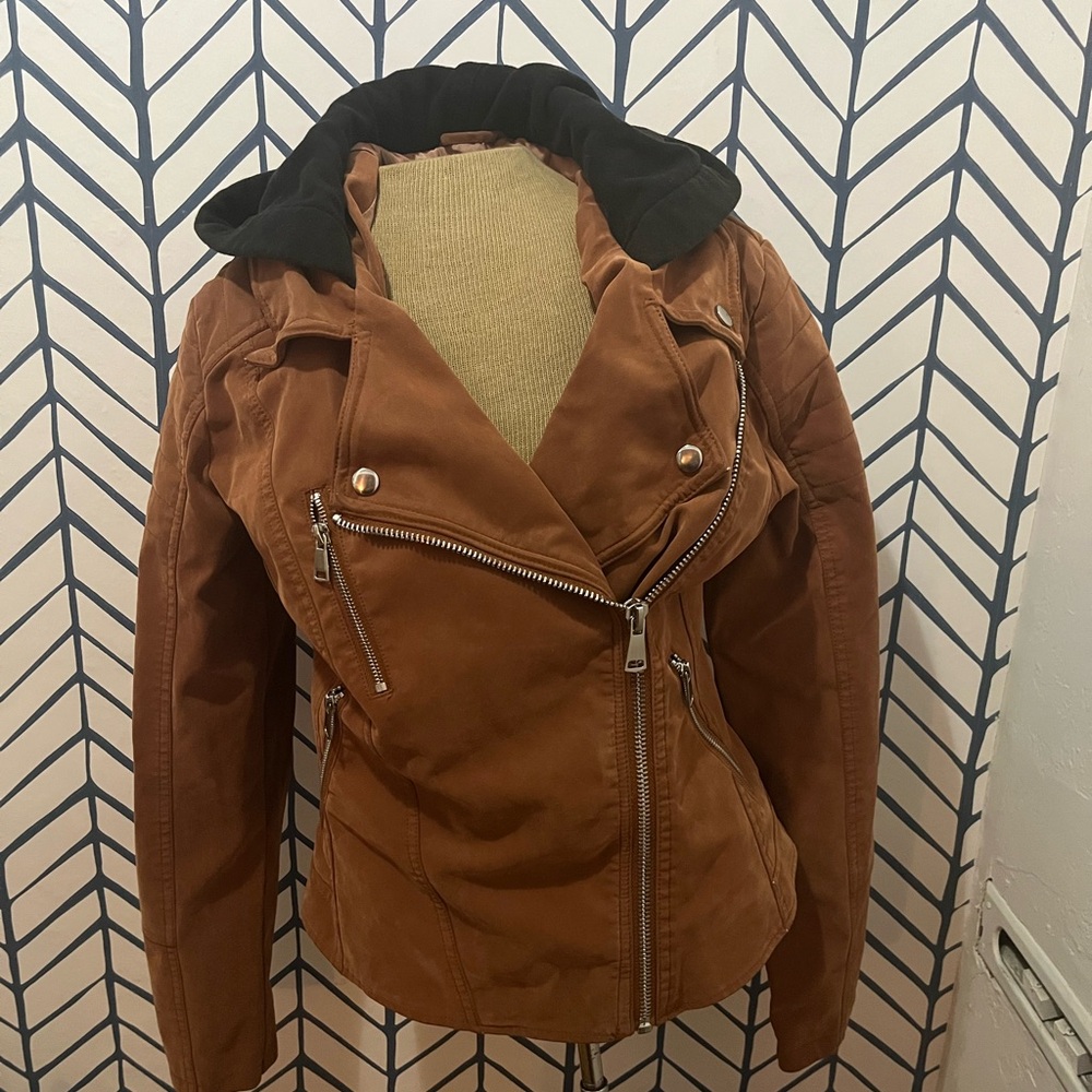 We The Free Tan vagan Leather Jacket with Black hood